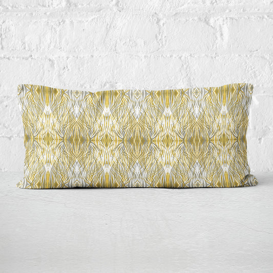 12 x 24 lumbar pillow featuring a gold and gray abstract linocut pattern.